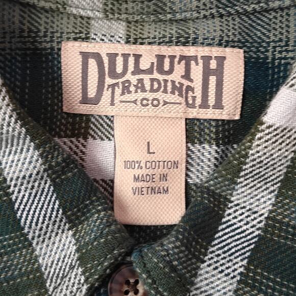 Duluth Trading Shirt L Green Plaid Burley Heavy Weight Flannel Outdoors Camping - Picture 2 of 3